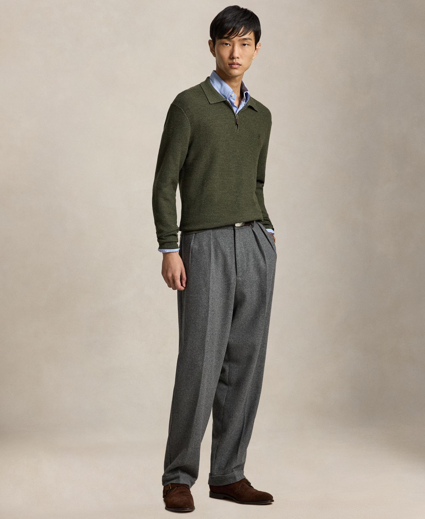 Мужской свитер Polo Ralph Lauren Quarter-Zip Polo-Collar Regular-Fit Wool, цвет: Оливковый меланжевый — фото 2