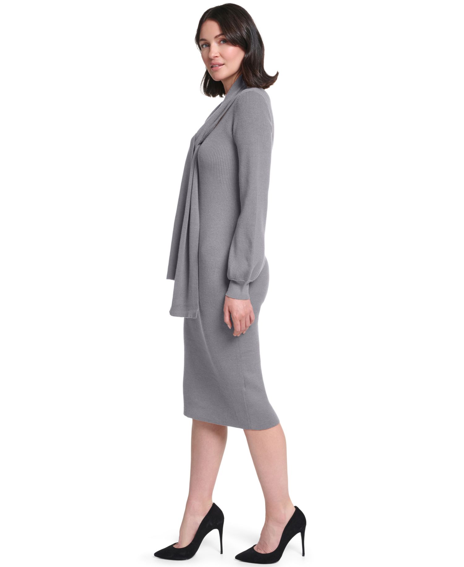 Women's Long-Sleeve Midi Attached Scarf Sweater Dress