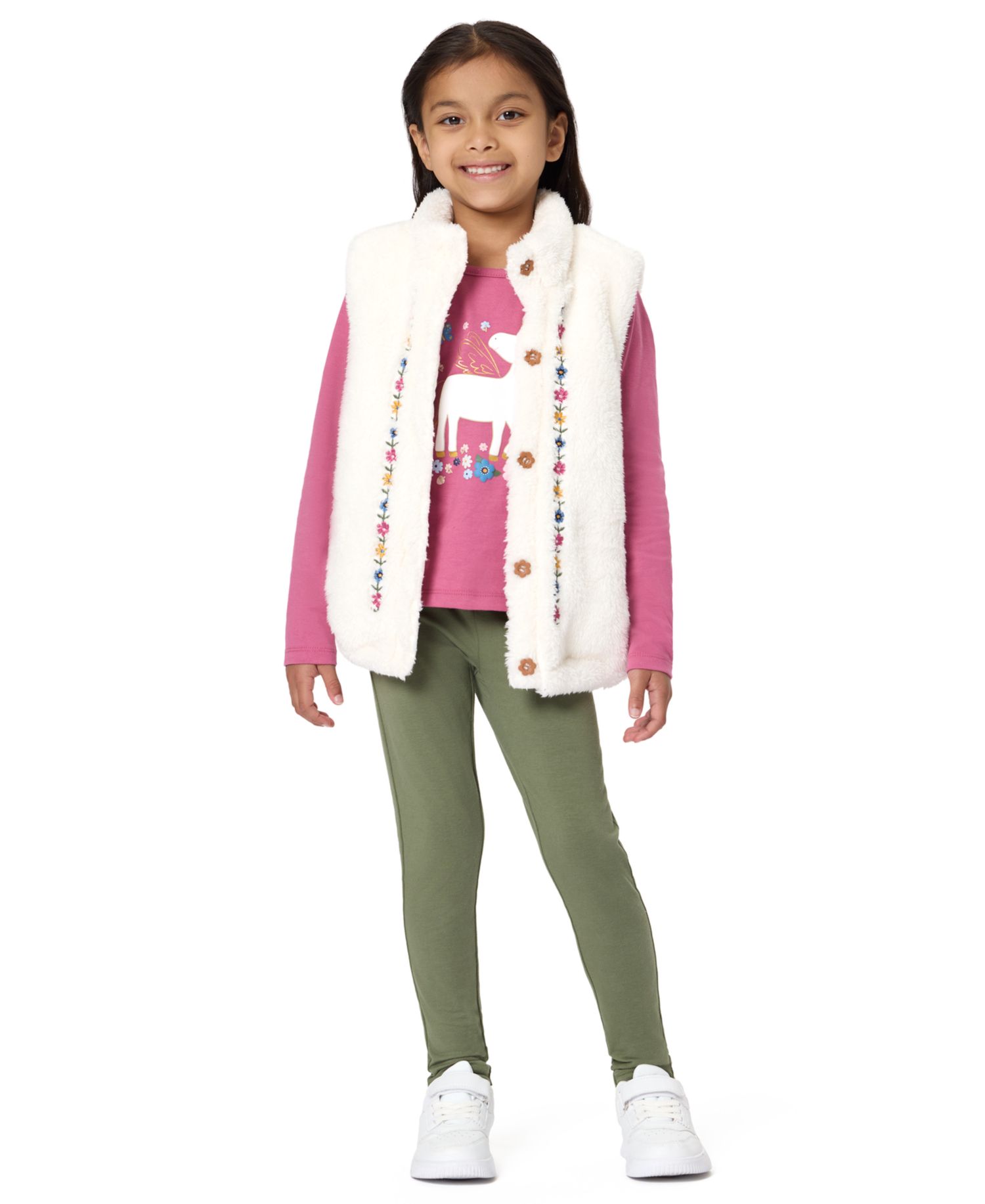Girls' 2T-16 Long Sleeve Sherpa Embroidered Vest, T-Shirt and Leggings, 3-Piece Set