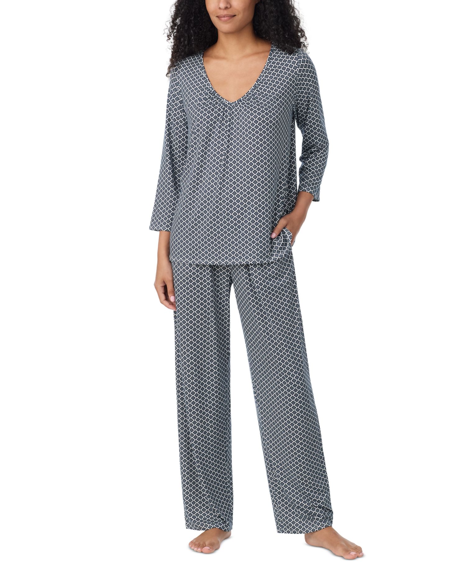 Women's V-Neck 3/4 Sleeve Top and Pants, 2-Piece Pajama Set