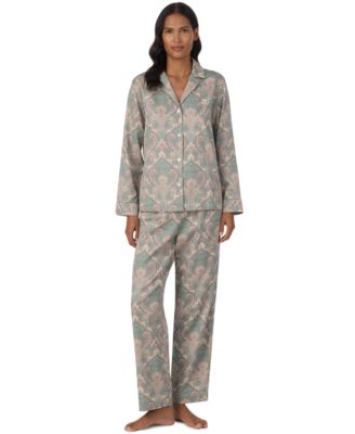 Women's Long-Sleeve Notch-Collar Cotton-Blend Sateen Pajama Set