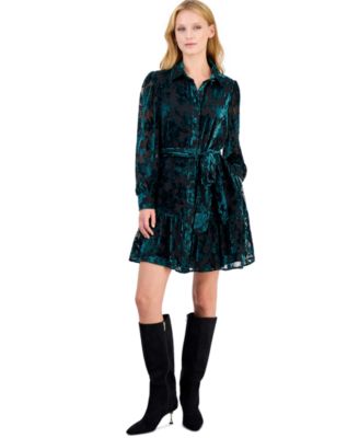 Petite Velvet Burnout Tiered Fit-and-Flare Shirt Dress