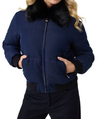 Women's Ivana Puffer-Bomber Faux-Fur Collar Synched-Waist Denim Jacket