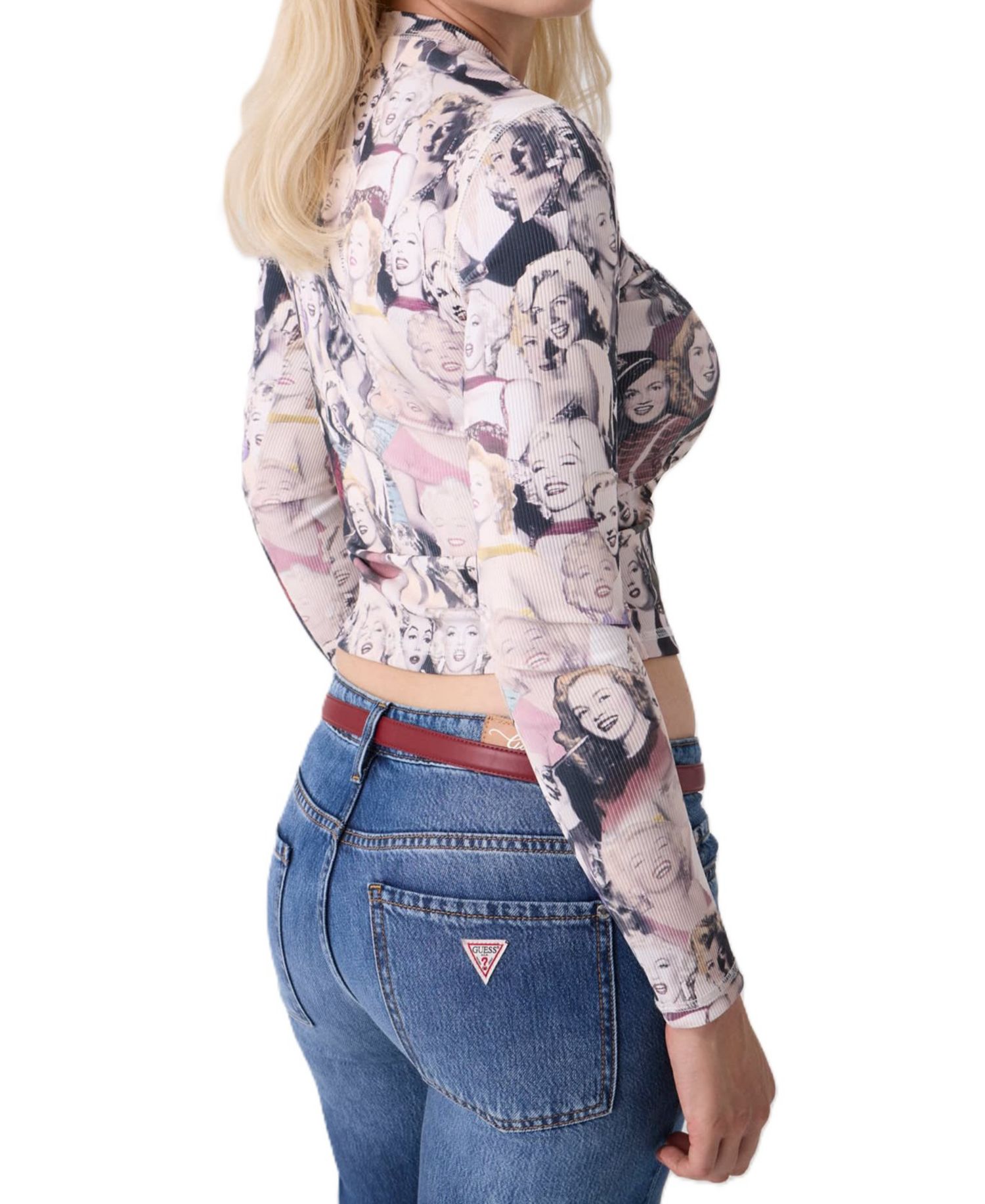 Women's Allover-Marilyn-Print Long-Sleeve Crop T-Shirt