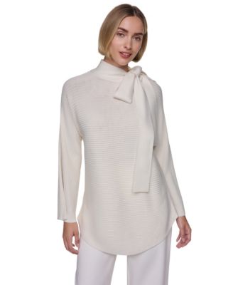 Women's Tie-Front Mock-Neck Long-Sleeve Ribbed Sweater