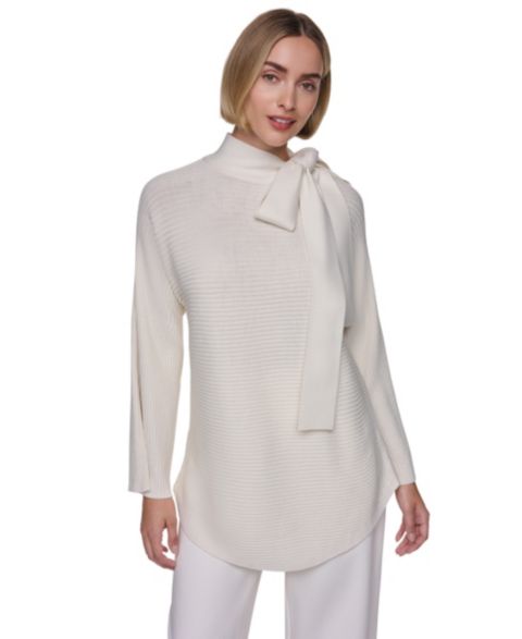 Женский свитер Sonia Rykiel Tie-Front Mock-Neck Long-Sleeve Ribbed, цвет: Слоновая кость