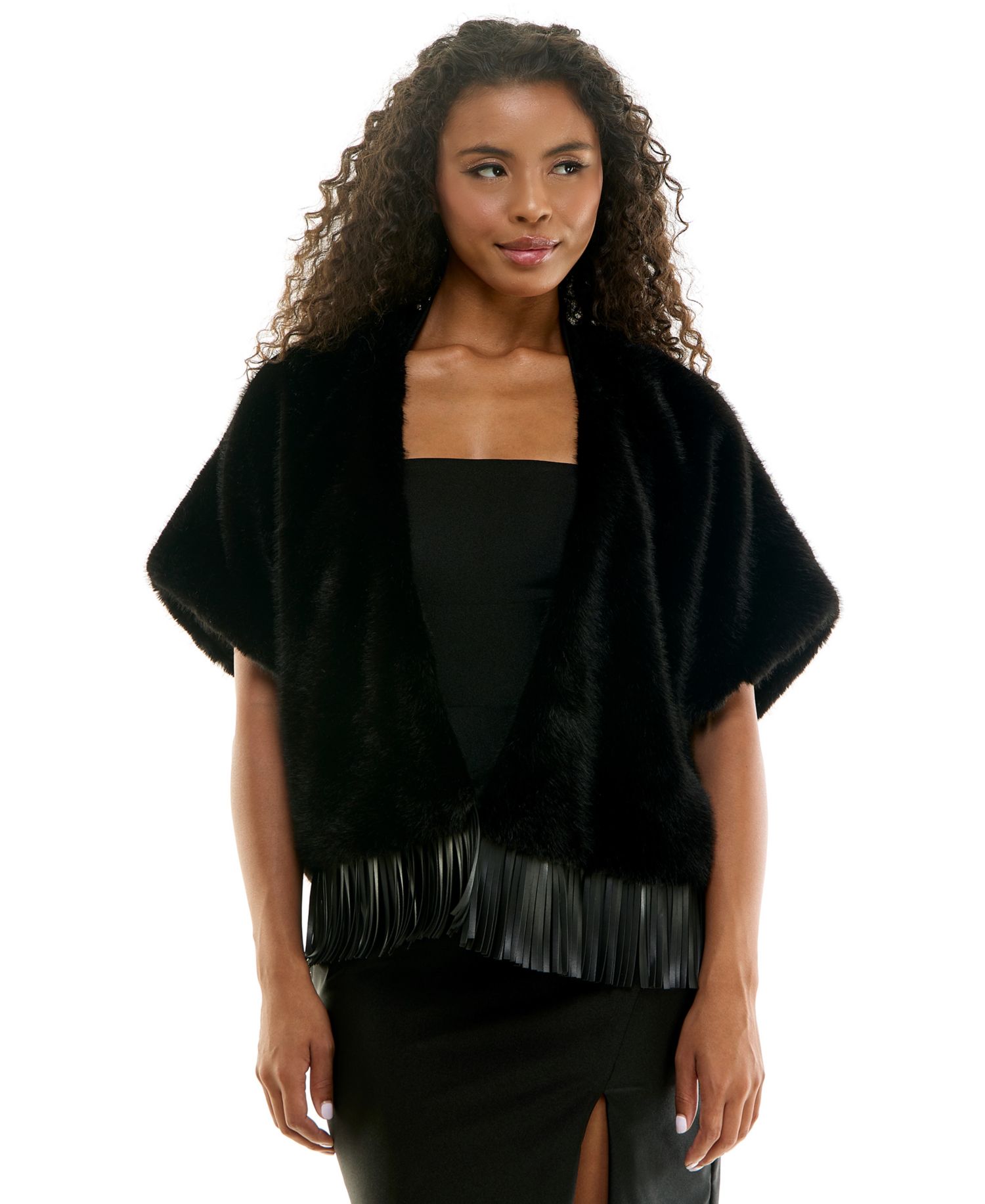 Juniors' Faux Fur Open-Front Pleather-Fringe Hem Jacket