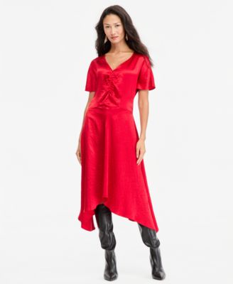 Women's Ruched-Front Asymmetrical-Hem Midi Dress