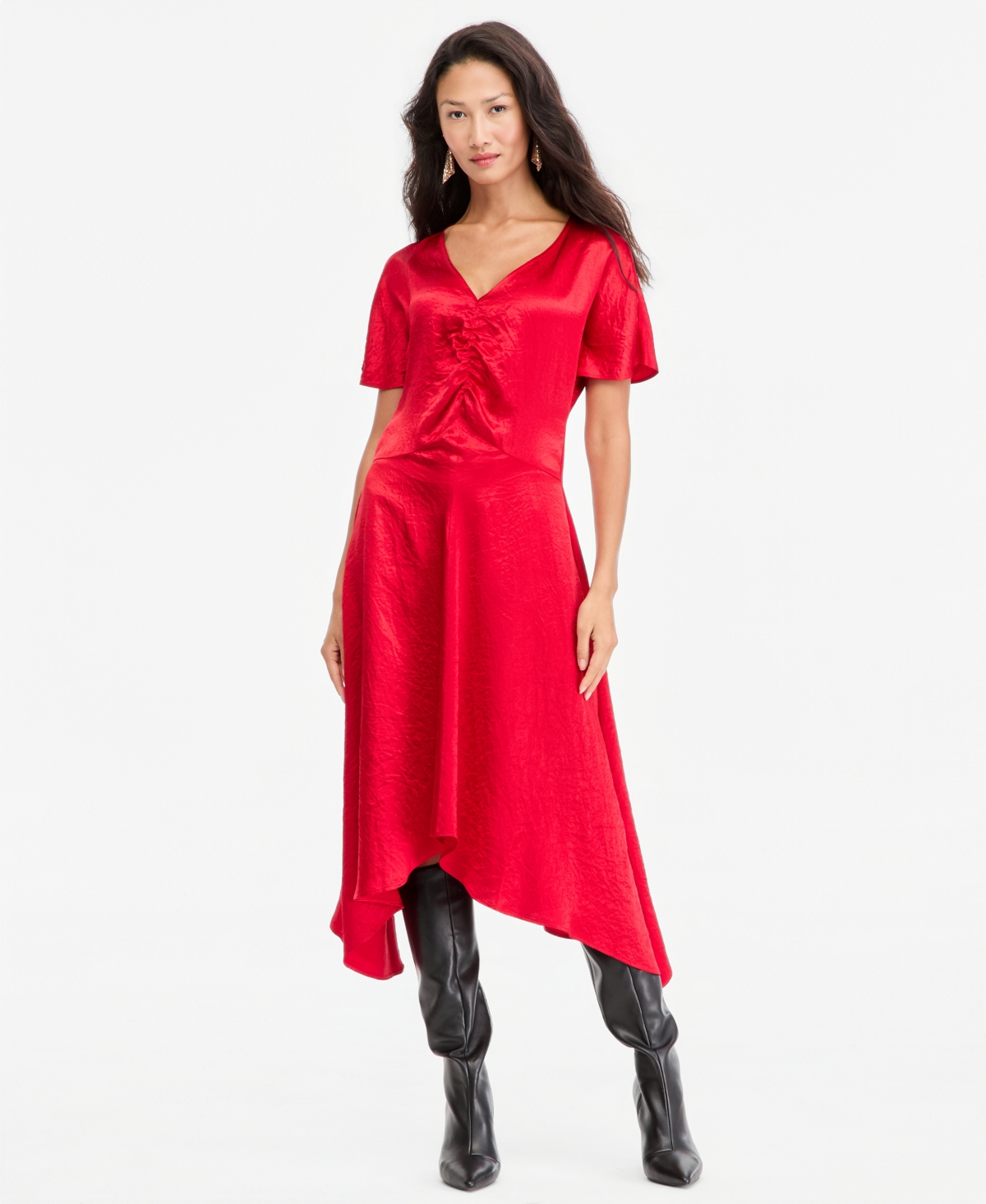 I.n.c. International Concepts Women's Ruched-Front Asymmetrical-Hem Midi Dress, Macy's Exclusive - Real Red
