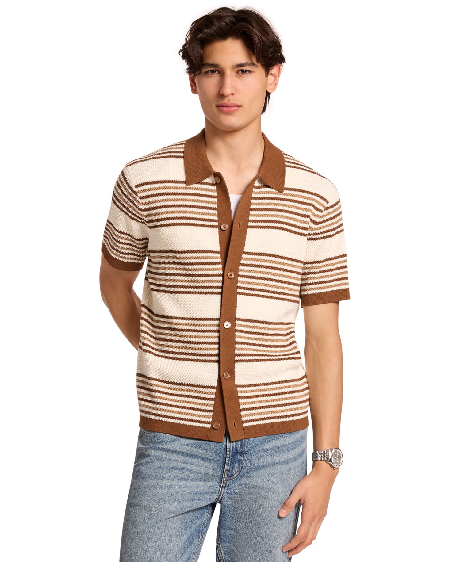 Men's Textured Stripe Camp Collar Button-Down Shirt