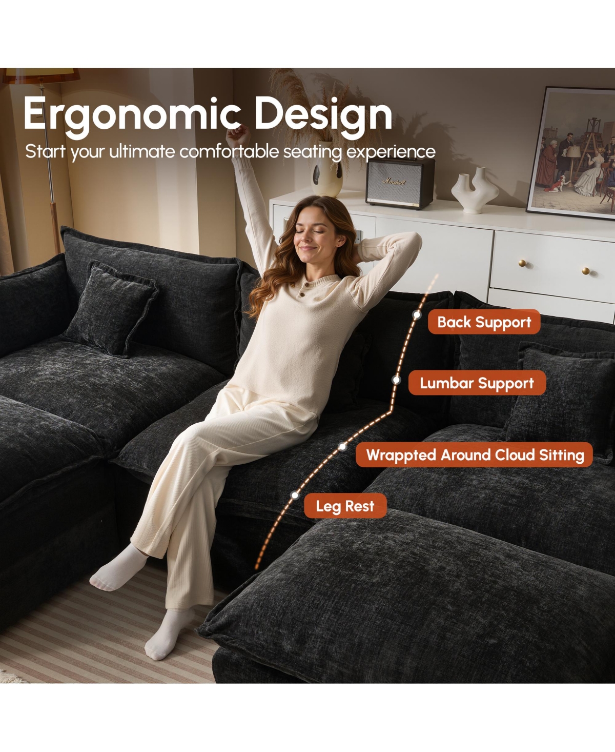 Xizzi 143" U-Shaped Modular Sectional Sofa with 2 Ottoman, Comfy Chenille Cloud Couch Deep Seat Bed 6 Pillows for Living Room, 6-Seater
