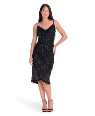 Women's Fringe Mesh Sequin Cowl Neck Dress