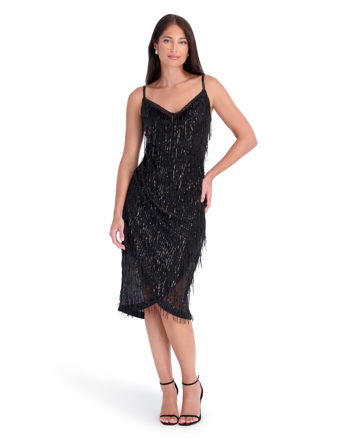 Siena Women's Fringe Mesh Sequin Cowl Neck Dress