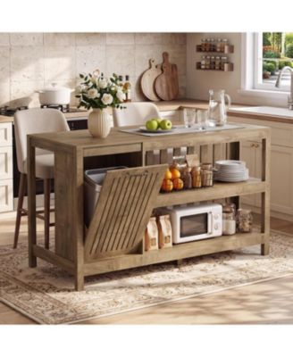 55" Kitchen Island with Trash Can Storage, 3-Tier Farmhouse