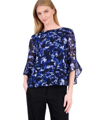 Women's Boat Neck 3/4-Sleeve Tiered-Ruffle Blouse