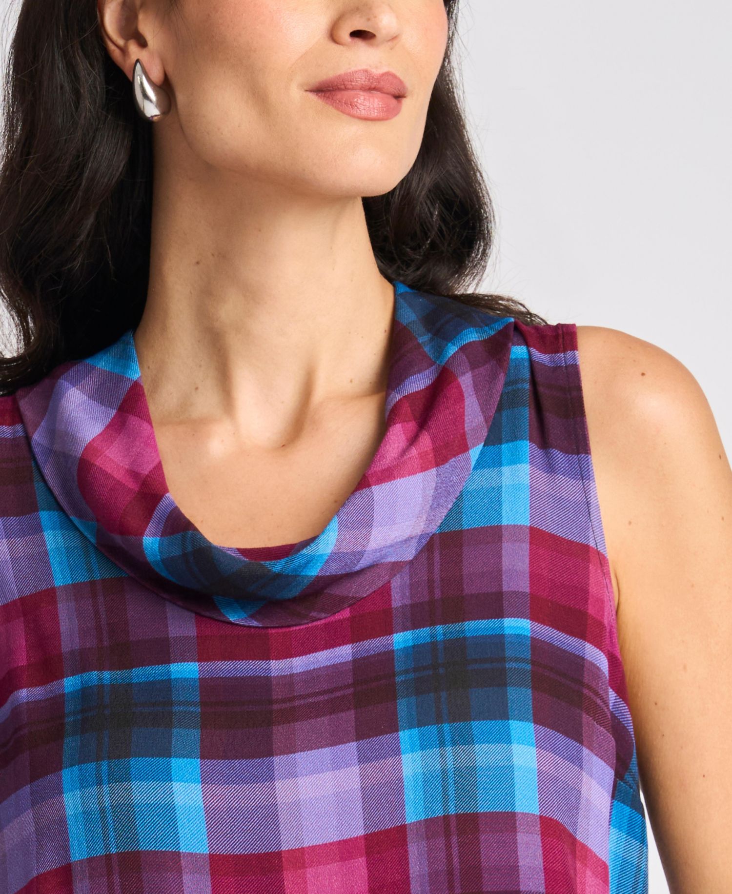 Women's Plaid Cowl Neck Sleeveless Blouse