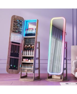 360&deg; Swivel Jewelry Armoire with RGB LED Light, Oval Full-Length Mirror, Lockable Jewelry Cabinet