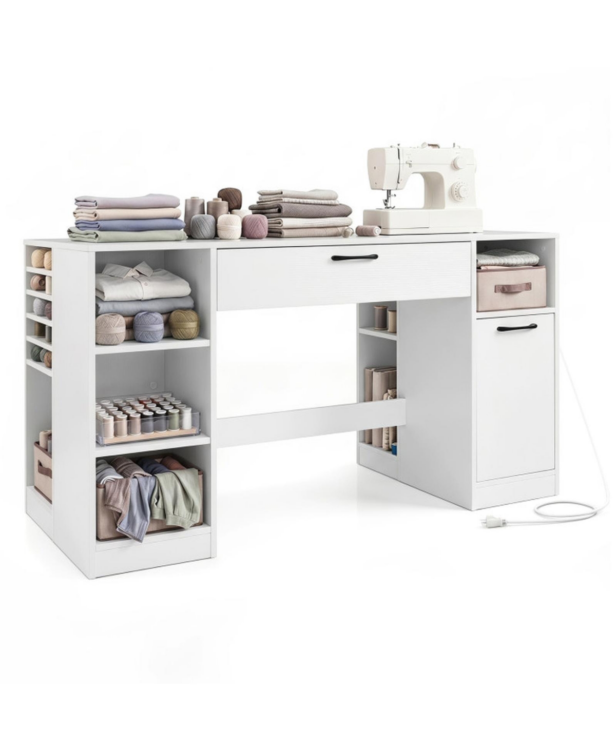 Sugift Craft Station Sewing Desk with Power Outlets and 2 Drawers - White