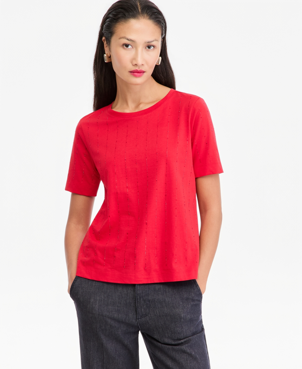 I.n.c. International Concepts Women's Crewneck Short-Sleeve Heat-Seal Rhinestone T-Shirt, Macy's Exclusive - Real Red