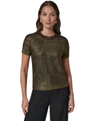 Women's Foil Boucle Short-Sleeve Crewneck Sweater