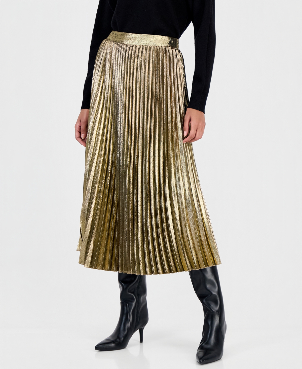 T Tahari Women's Pull-On Pleated Midi Skirt - Liquid Gold