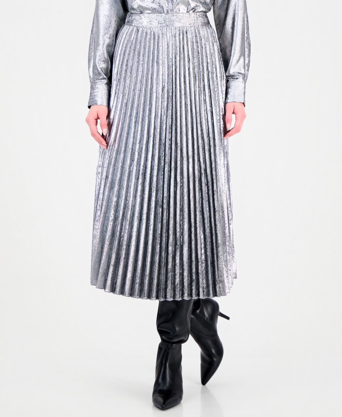 T Tahari Women's Pull-On Pleated Midi Skirt - Liquid Silver