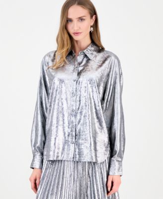 Women's Button-Down Metallic Long-Sleeve Blouse