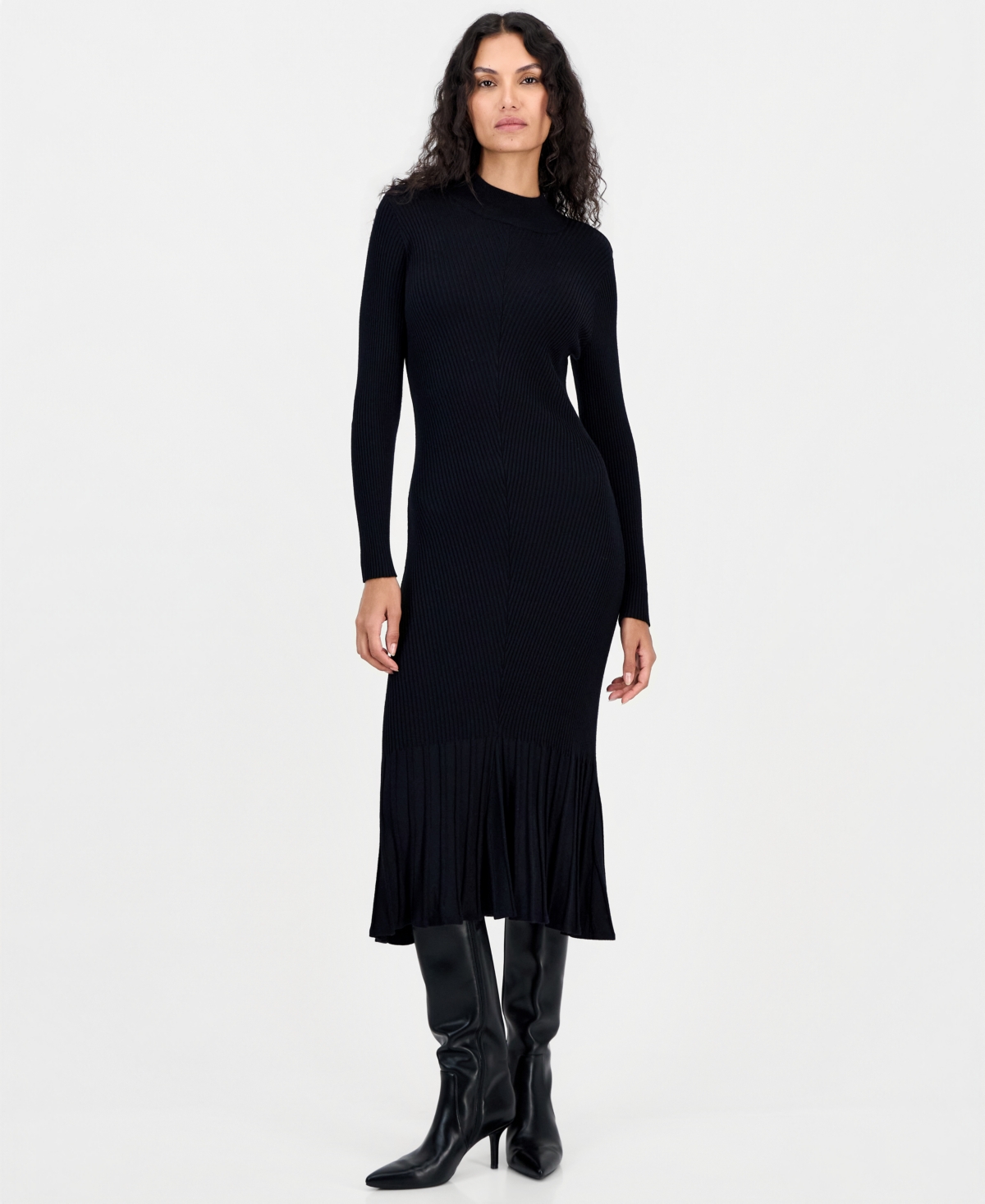 T Tahari Women's Ribbed Mock-Neck Fit & Flare Midi Sweater Dress - Black