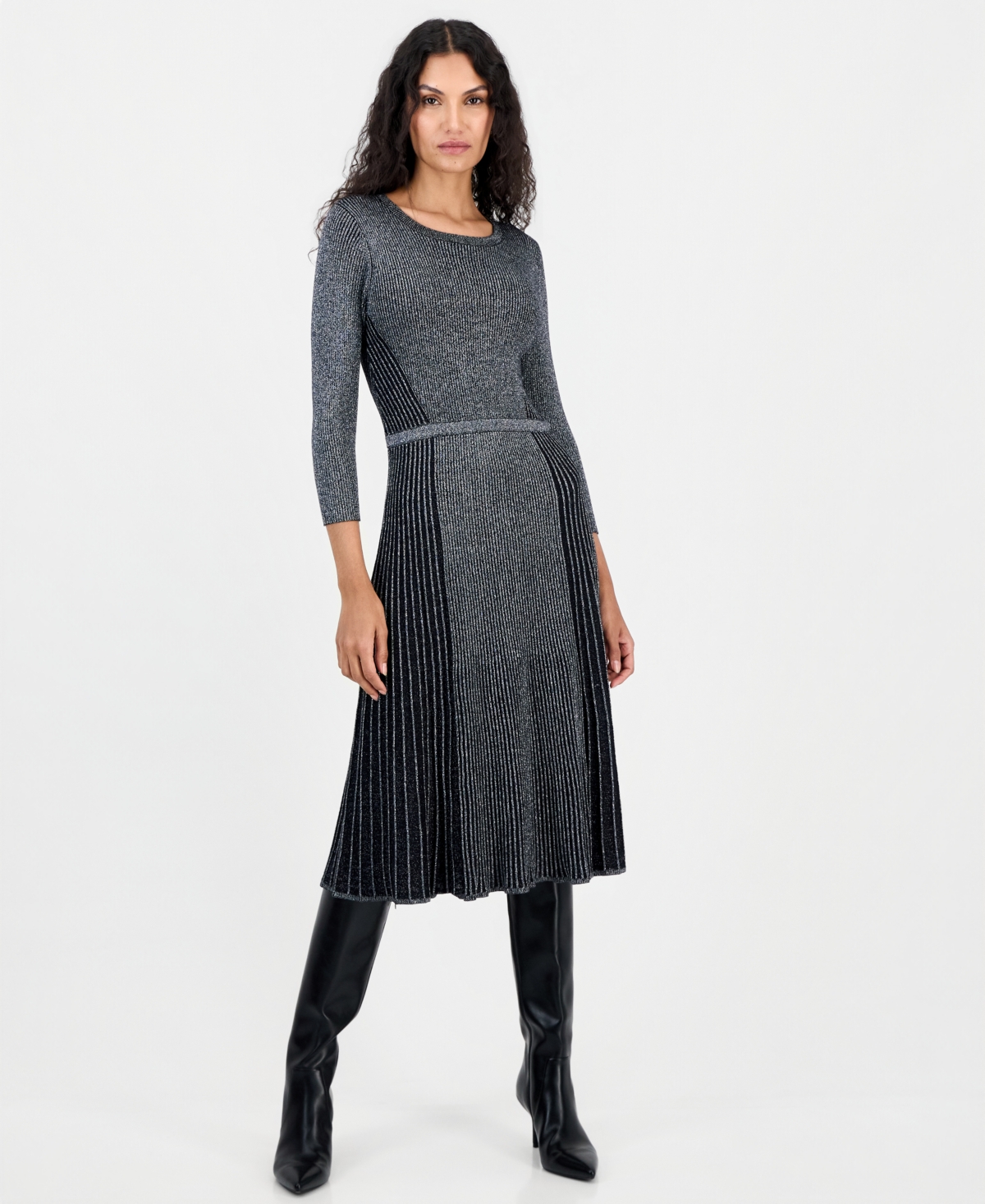 T Tahari Women's Fit and Flare Midi Lurex Sweater Dress