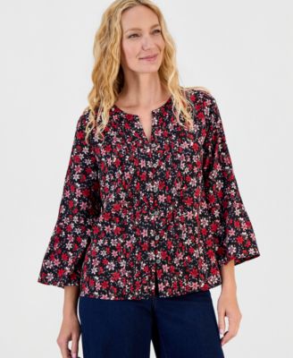 Women's Printed Bell-Sleeve Pintuck Blouse