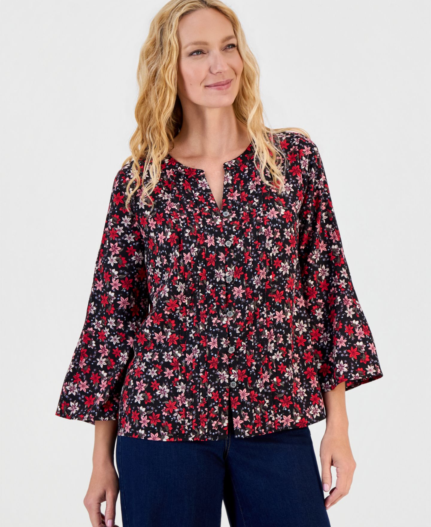 Женская блузка Style & Co Printed Bell-Sleeve Pintuck, цвет: Ditsy Deep — фото 1