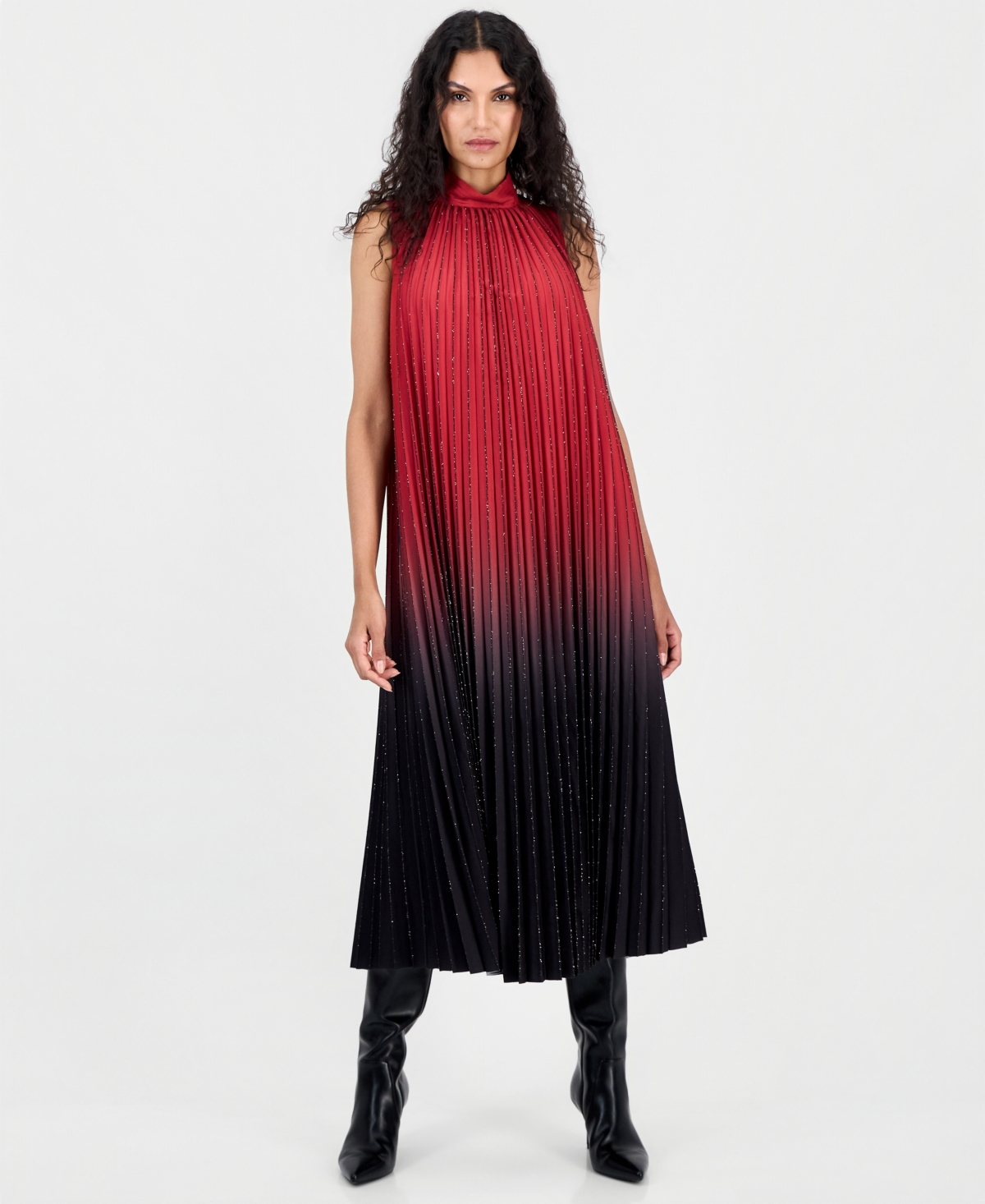 T Tahari Women's Halter Pleated A-Line Midi Dress