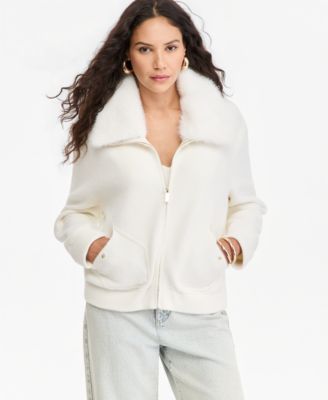 Women's Faux Fur-Collar Zip-Front Sweater Jacket