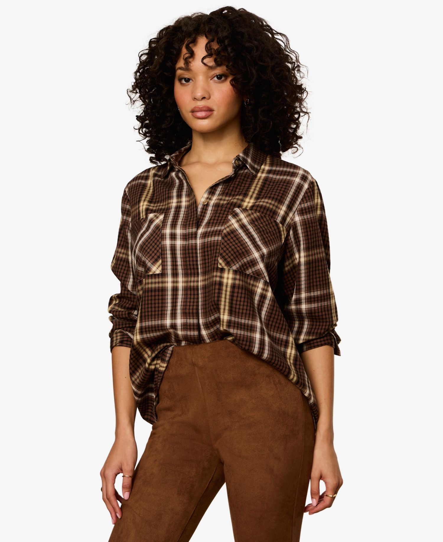 Petite City Plaid Long-Sleeve Button-Up Shirt