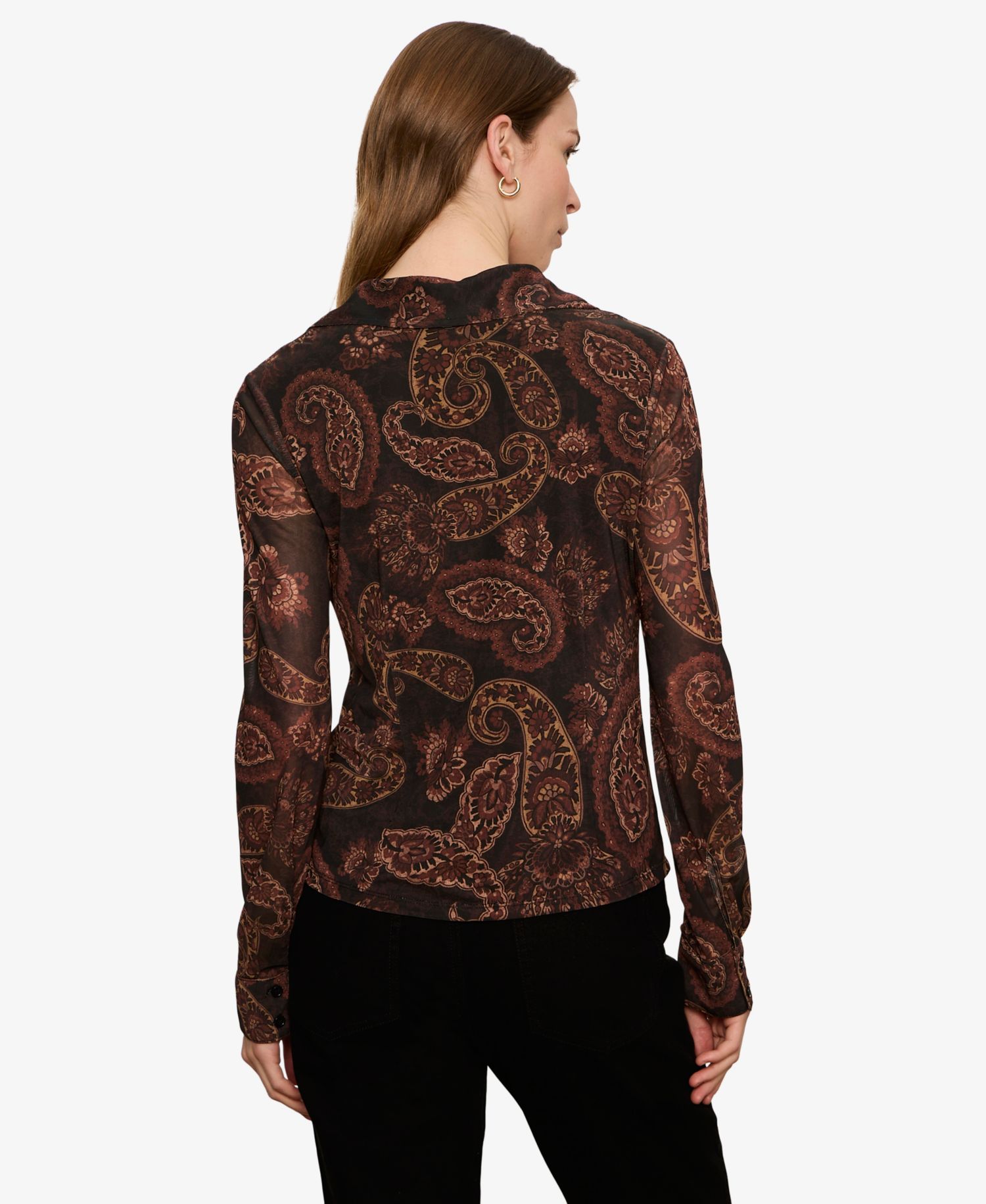 Petite Long-Sleeve Mesh Paisley Blouse