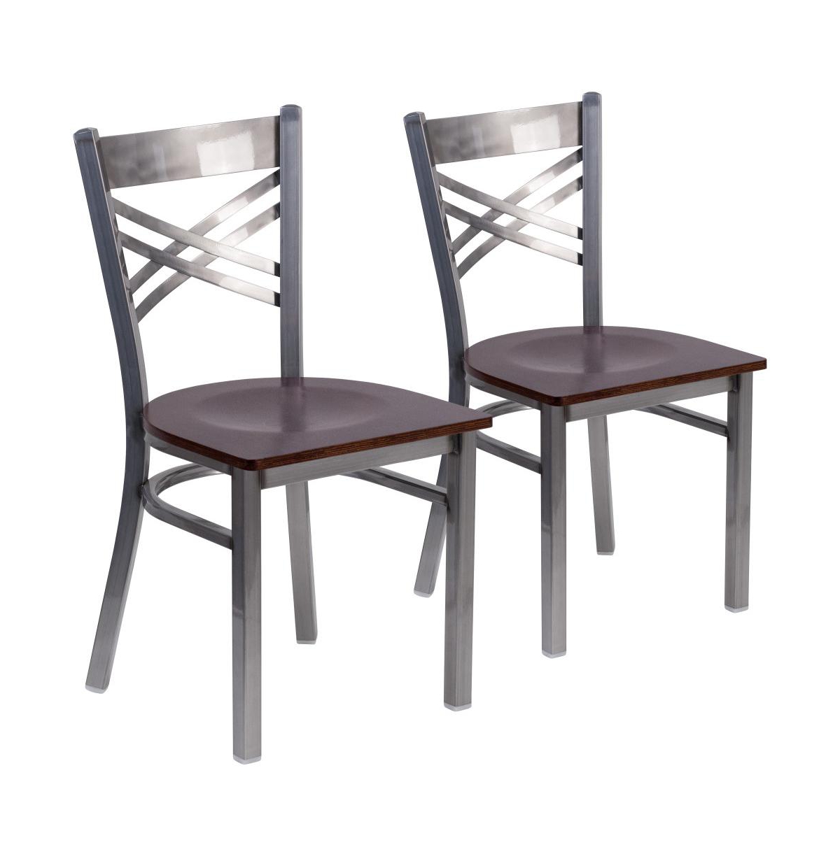 Emma+Oliver 2 Pack Clear Coated "X" Back Metal Restaurant Chair - Walnut wood seat