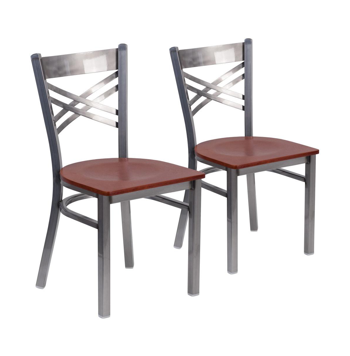 Emma+Oliver 2 Pack Clear Coated "X" Back Metal Restaurant Chair - Cherry wood seat