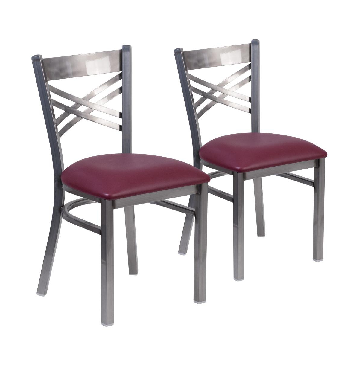 Emma+Oliver 2 Pack Clear Coated "X" Back Metal Restaurant Chair - Burgundy vinyl seat