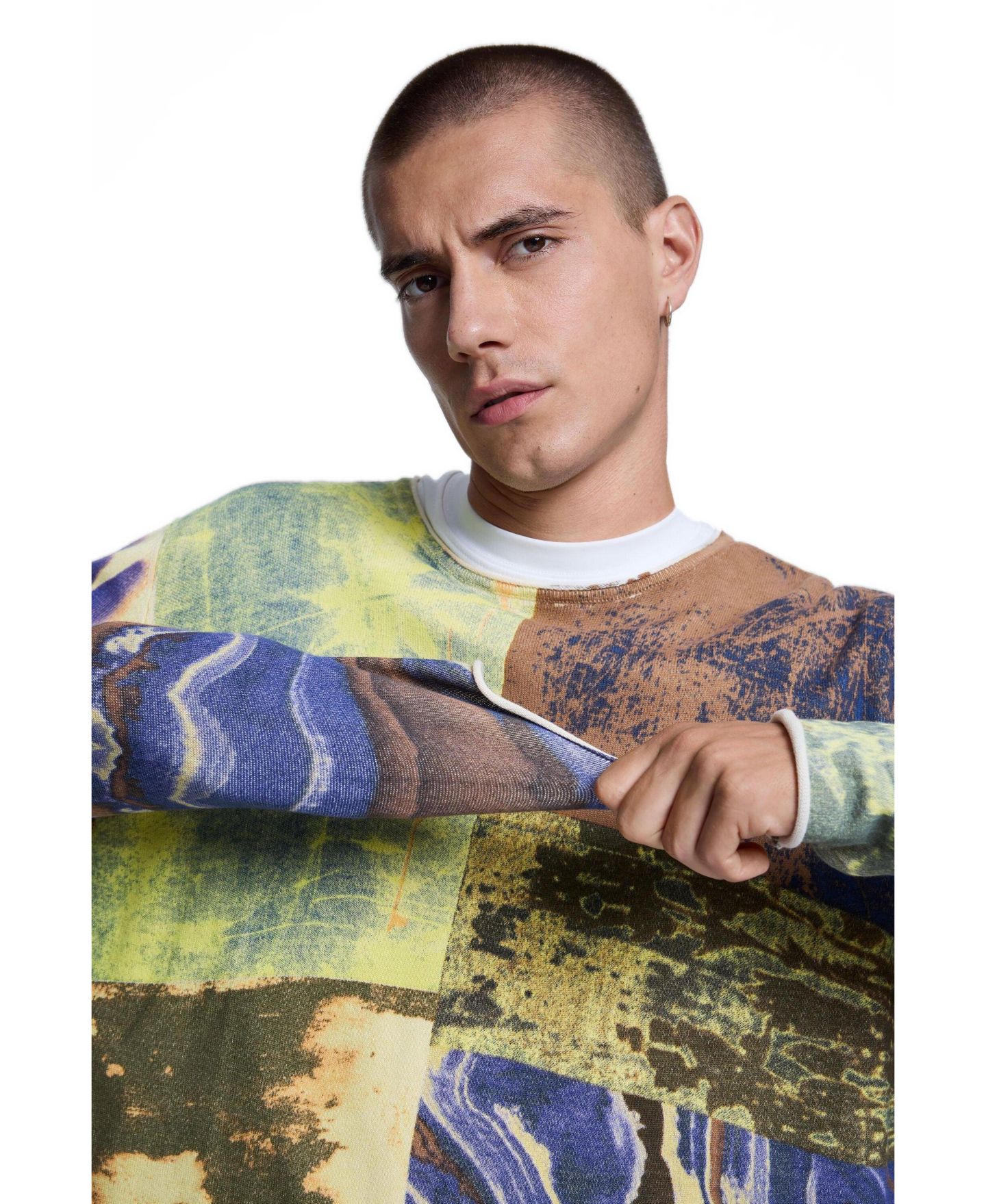 Мужской свитер Desigual Patchwork Print Loose Crew Neck, цвет: Зелёный — фото 3