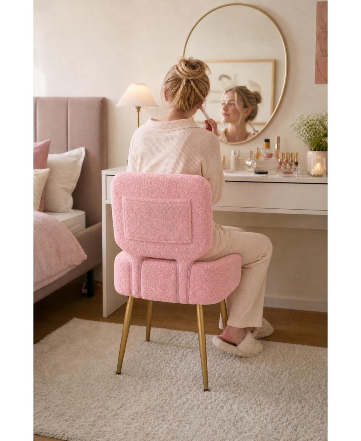 Small Vanity Accent Chair with Hidden Storage, Compact Backrest, Lift-Top Ottoman Seat, Upholstered Fleece, Tool free assembly