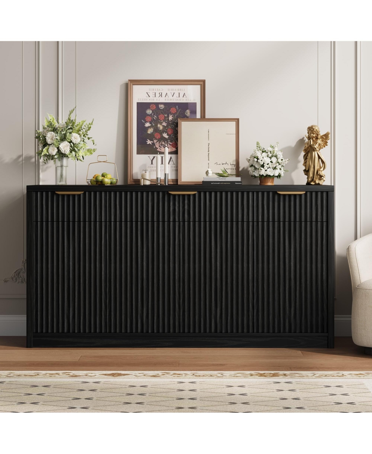 55 Inch Modern Fluted Buffet Sideboard Credenza, Storage Cabinet With Doors And Inner Shelves For Kitchen, Dining Room Coffee Bar Spaces