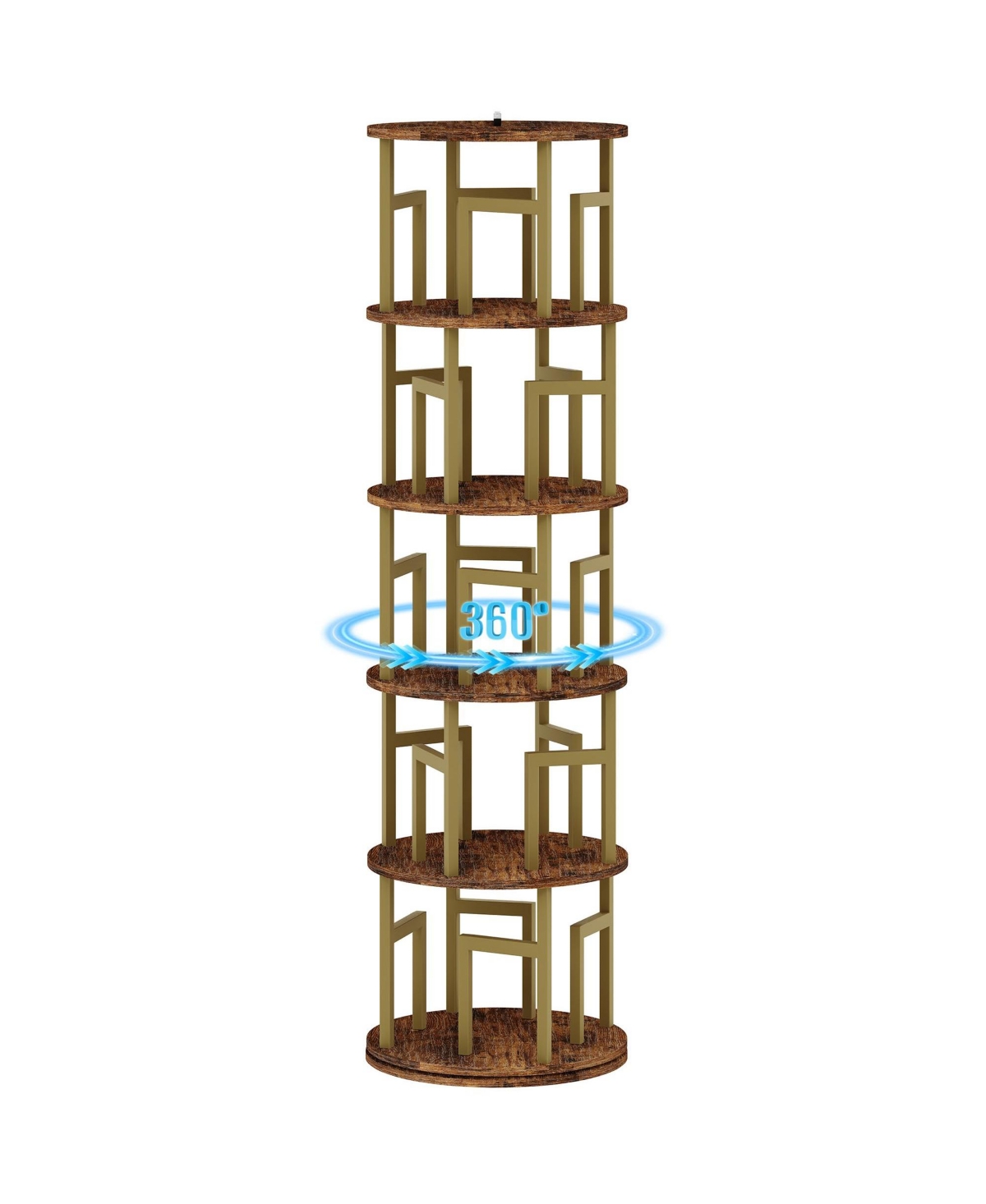 5-Tier Rotating Bookshelf Tower, Space-Saving Spinning Corner Bookcase, Revolving 360degree(s) Display Shelf for Home Office, Modern Metal Frame - Bro