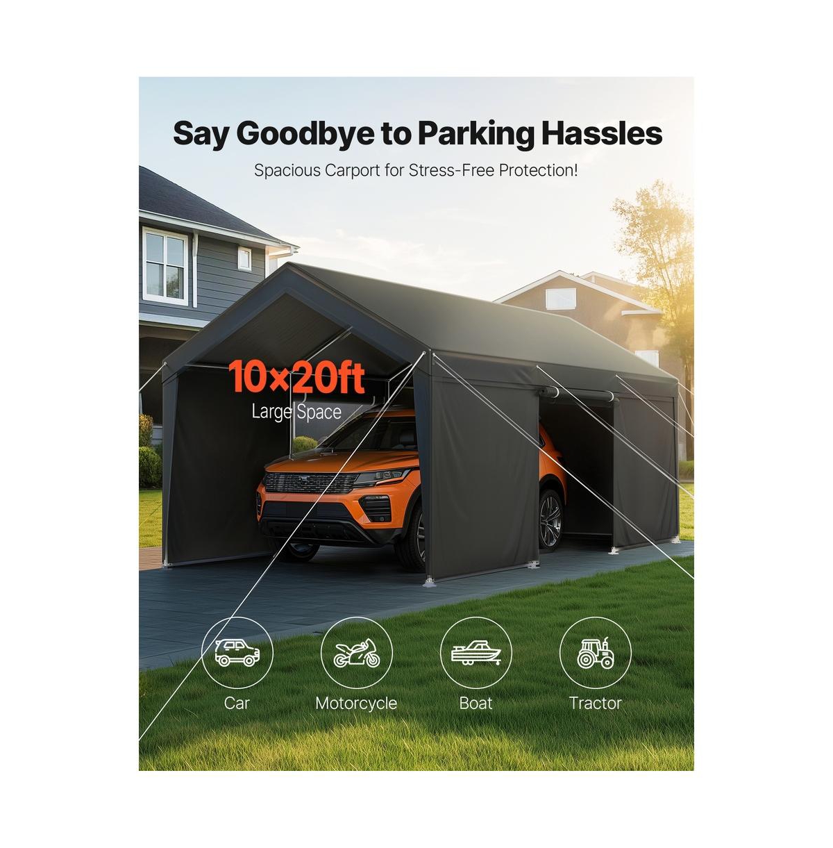 Sugift 10 x 20 Feet Carport Outdoor Car Canopy with Removable Sidewalls and Door Heavy Duty Shelter