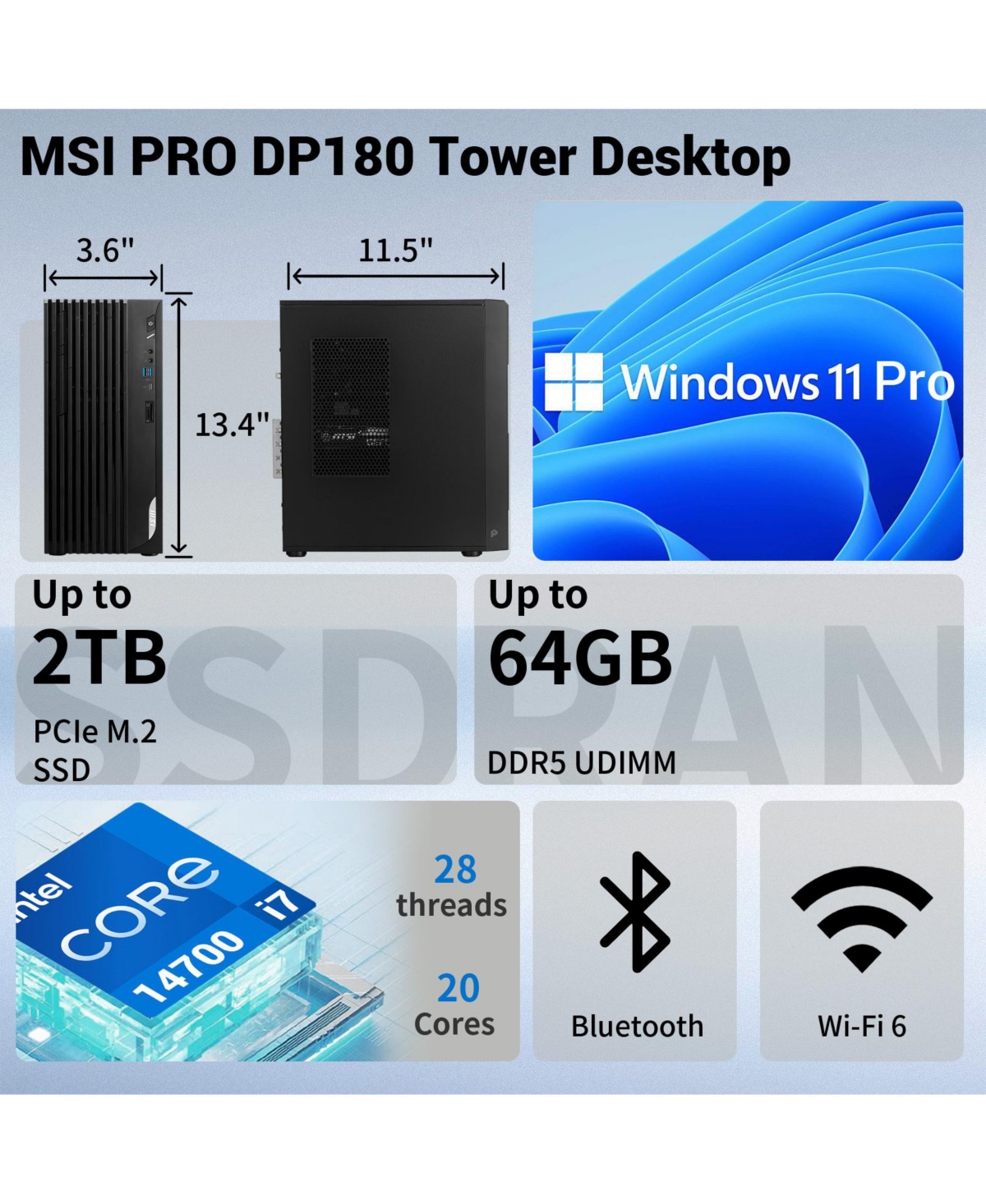 Msi Pro Business Tower Desktop, Intel Core i7-14700, Intel Uhd Graphics, 64GB DDR5, 2TB Ssd, Wi-Fi 6, Windows 11 Pro, Black