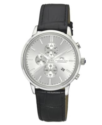 Men's Aura Chronograph Black Genuine Leather Band Silver Tone Watch 44 mm