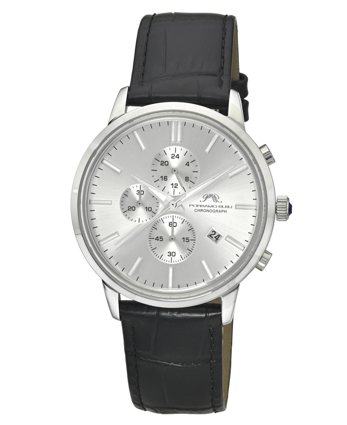 Porsamo Bleu Men's Aura Chronograph Black Genuine Leather Band Silver Tone Watch 44 mm - Silver tone and black