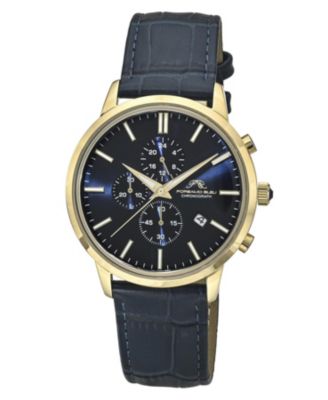 Men's Aura Chronograph Blue Genuine Leather Band Gold Tone Watch 44 mm