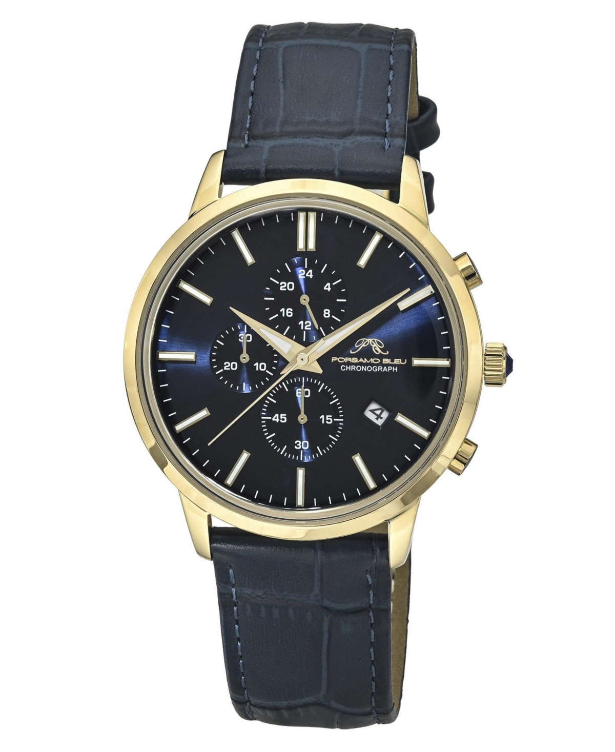 Porsamo Bleu Men's Aura Chronograph Blue Genuine Leather Band Gold Tone Watch 44 mm - Gold tone and blue