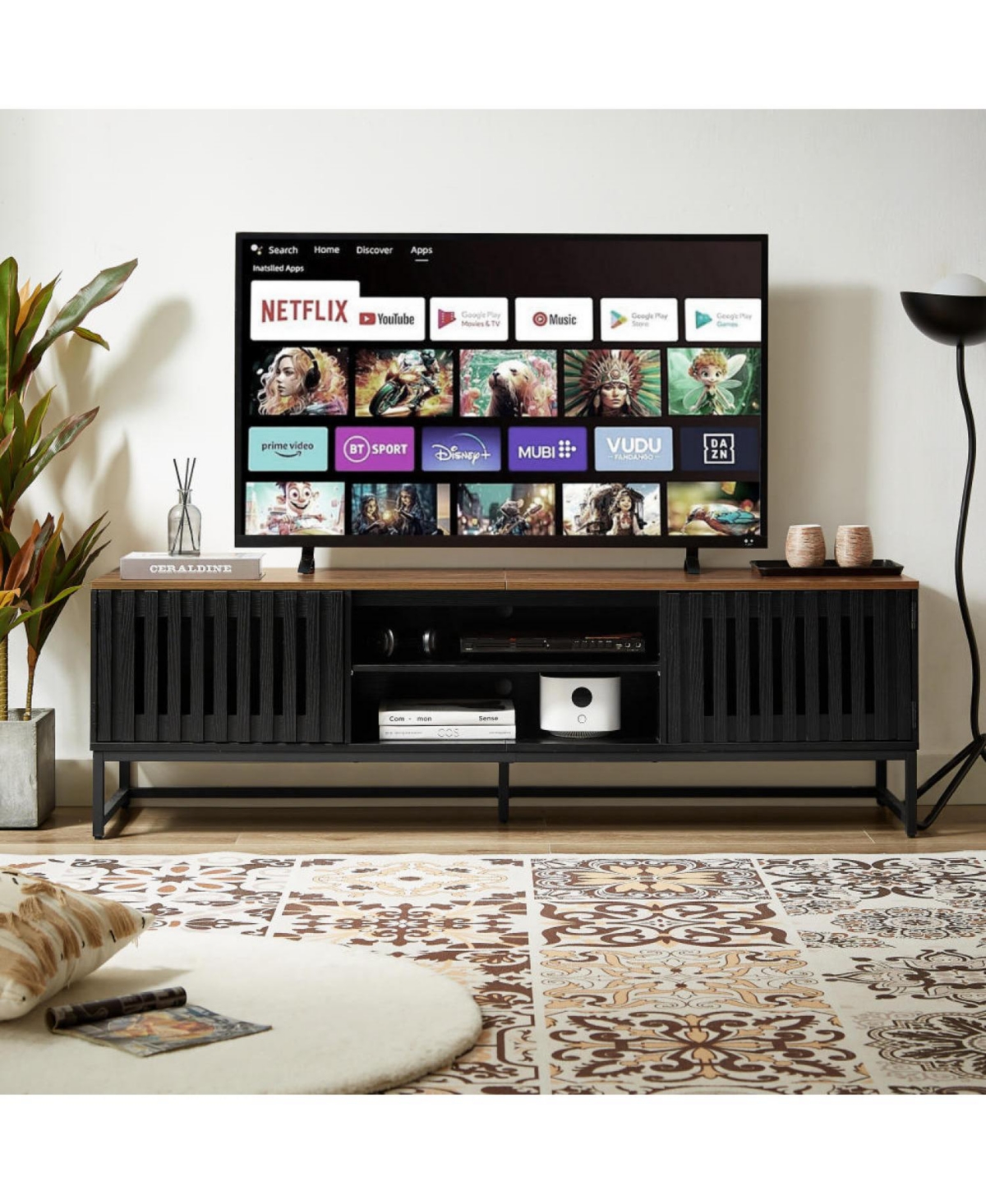 Rainsken Modern Tv Stand, with Slatted Grille Striped Doors, for 69" Tv, Tv Media Console, for Living Room Bedroom