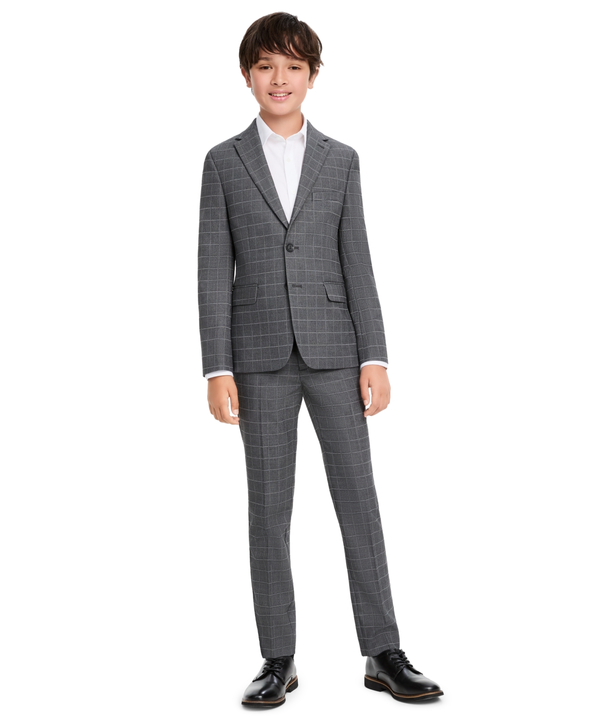 Kenneth Cole Reaction Boys' Windowpane Slim-Fit Single-Breasted Jacket and Pants, 2-Piece Set - Gray